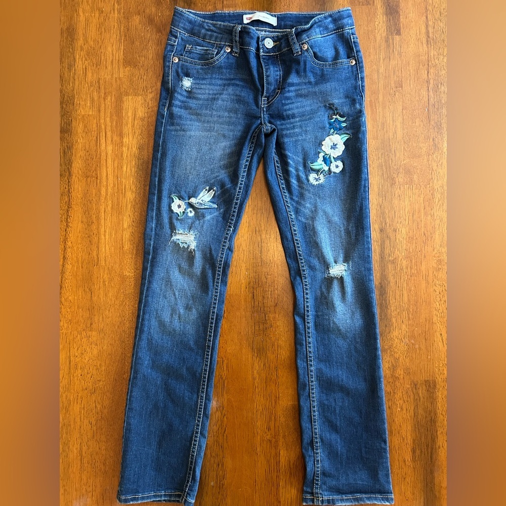 Levi’s Embroidered Bird Floral Skinny Jeans Distressed Denim | Girl Size 10 |